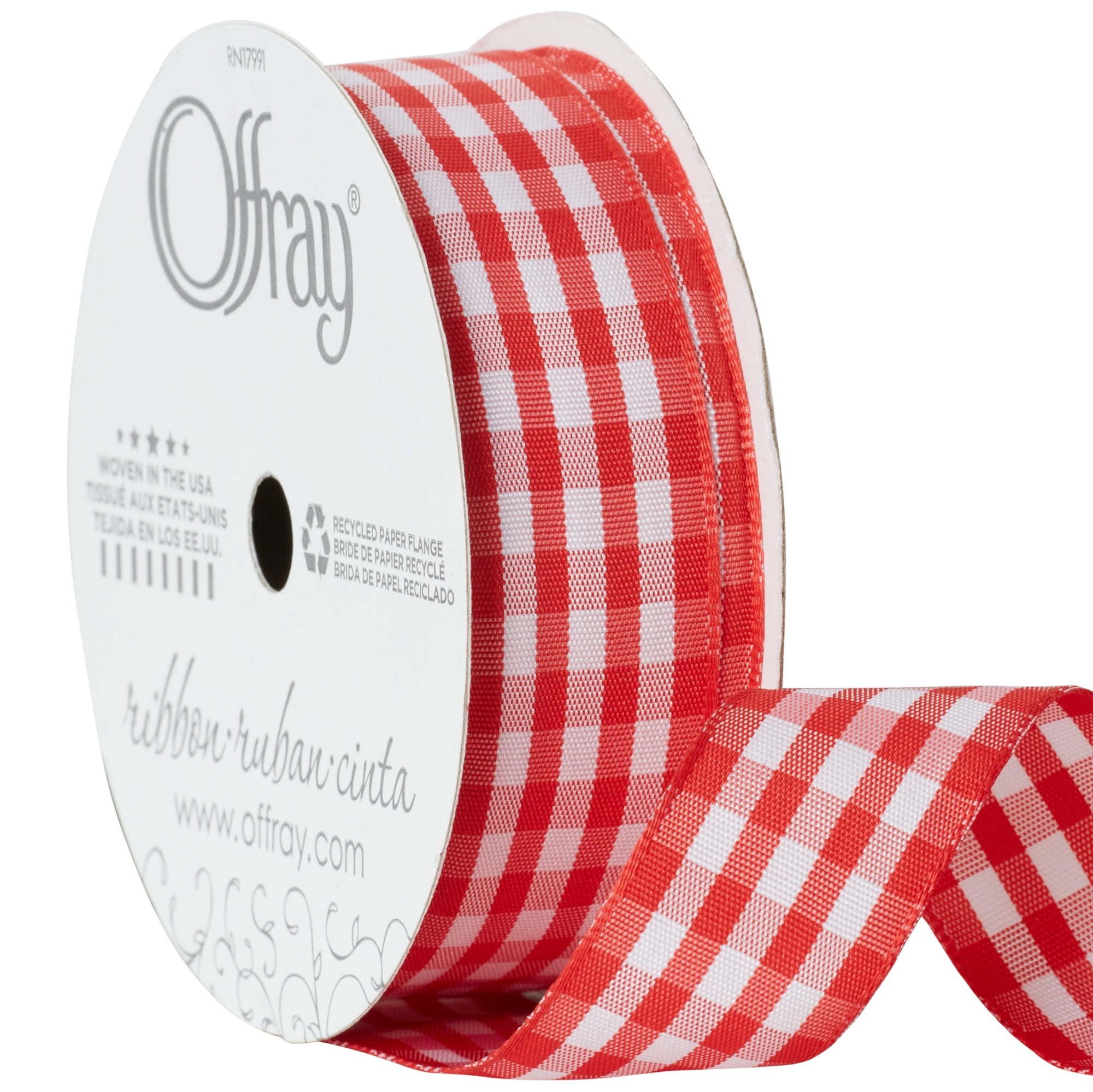Gingham Check Ribbon in red and white printed on 7/8 white single face  satin
