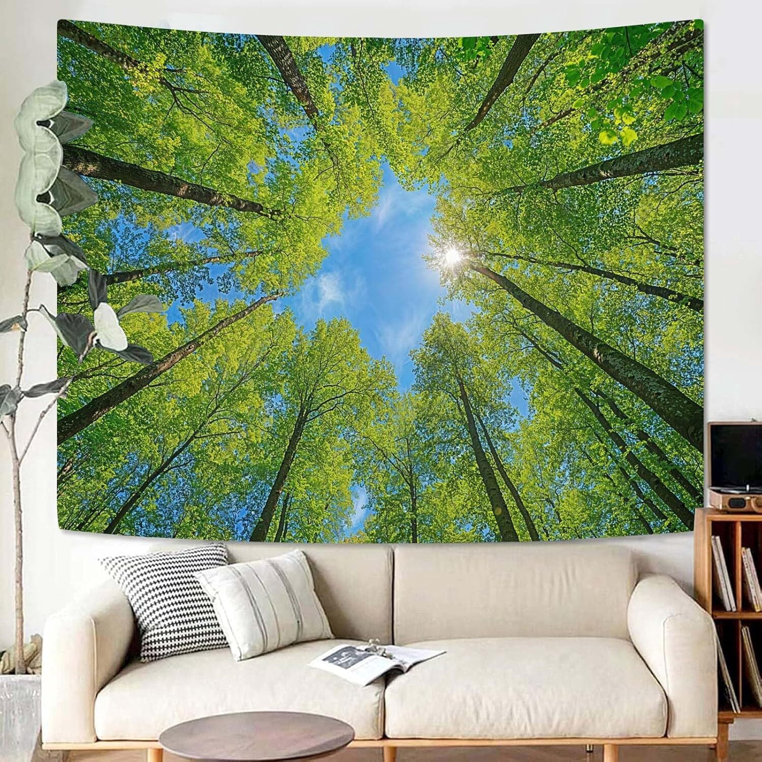 Nature Forest Tree Celling Tapestry Lush Green Treetops Sunlit Tapestry for Bedroom Aesthetic Sky Sunlight Canopy Leaves Landscape Tapestries Wall Hanging for Living Room Dorm Office 90 x 60 Inch