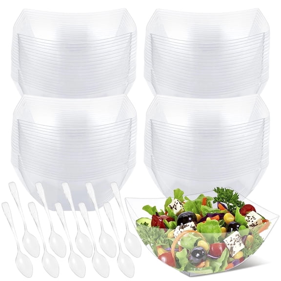 50 Pcs Square Serving Bowls with Spoons – Disposable Reusable Clear Plastic Bowls, 8 oz Small Candy Bar Containers for Parties, Weddings, Buffets, 4.3" x 4.3" x 1.8"