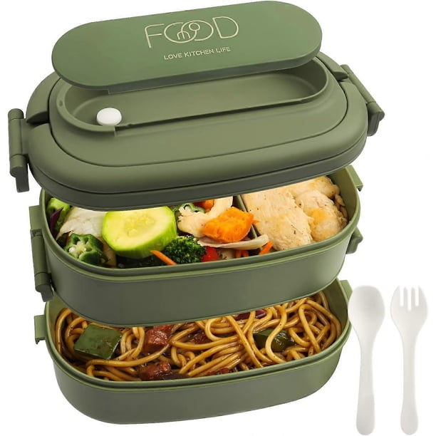 2-Layer Lunch Box: 1550ml Bento Box with 3-Compartments Cutlery Set - BPA-Free Plastic Compartment Lunch Box