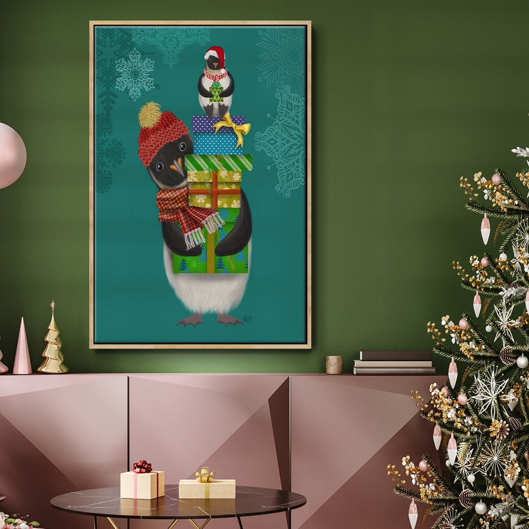 Christmas Penguin Gifts - Framed Gallery Wrapped Holiday Canvas - 27 x 41 - Natural Wood Frame