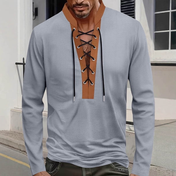 pstuiky manga larga para hombre, Camiseta de manga larga con cuello alto, diseño de patchwork marrón y cordón ajustable para hombre Tops de hombre xxl