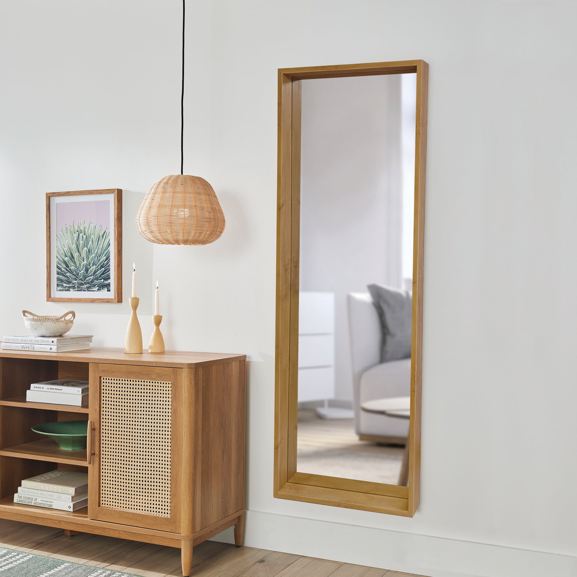 Better Homes & Gardens 22" x 65" Light Honey Shadow Box Full-Length Leaner Mirror