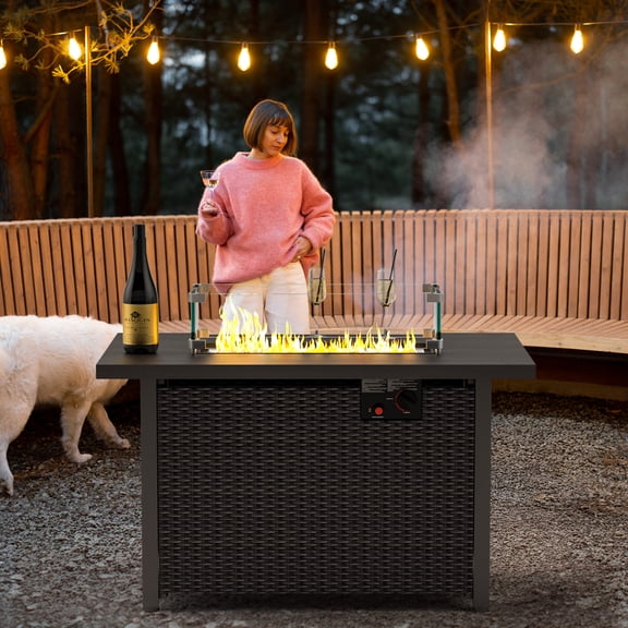 GOJOOASIS 42” Fire Pit Table, Propane Fire Pit with Metal Tabletop Auto-Ignition Outdoor Rattan Fire Pit with Glass Wind Guard & Waterproof Cover