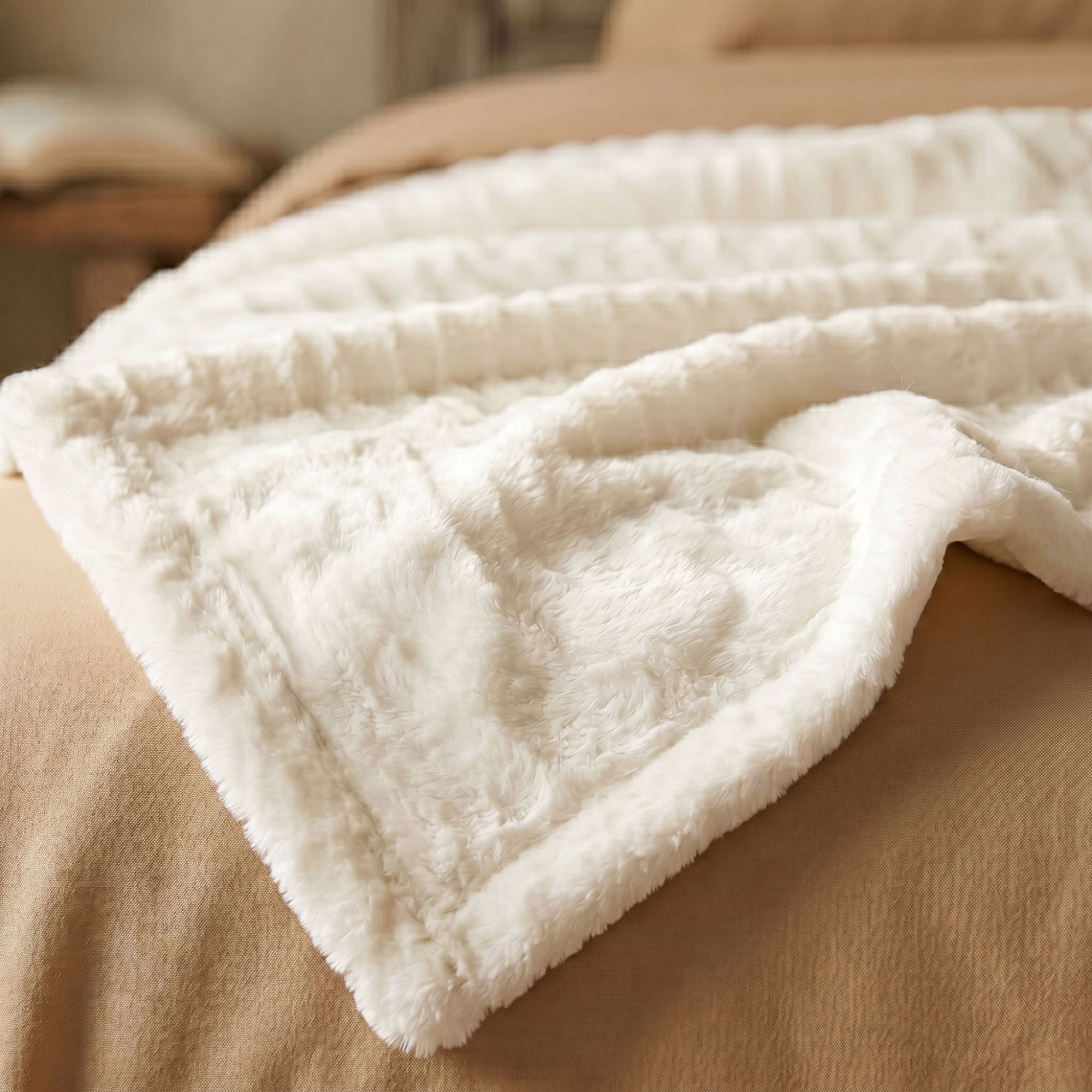 Superior Kacey Ribbed Fluffy Fleece Blanket, King Size, Ivory