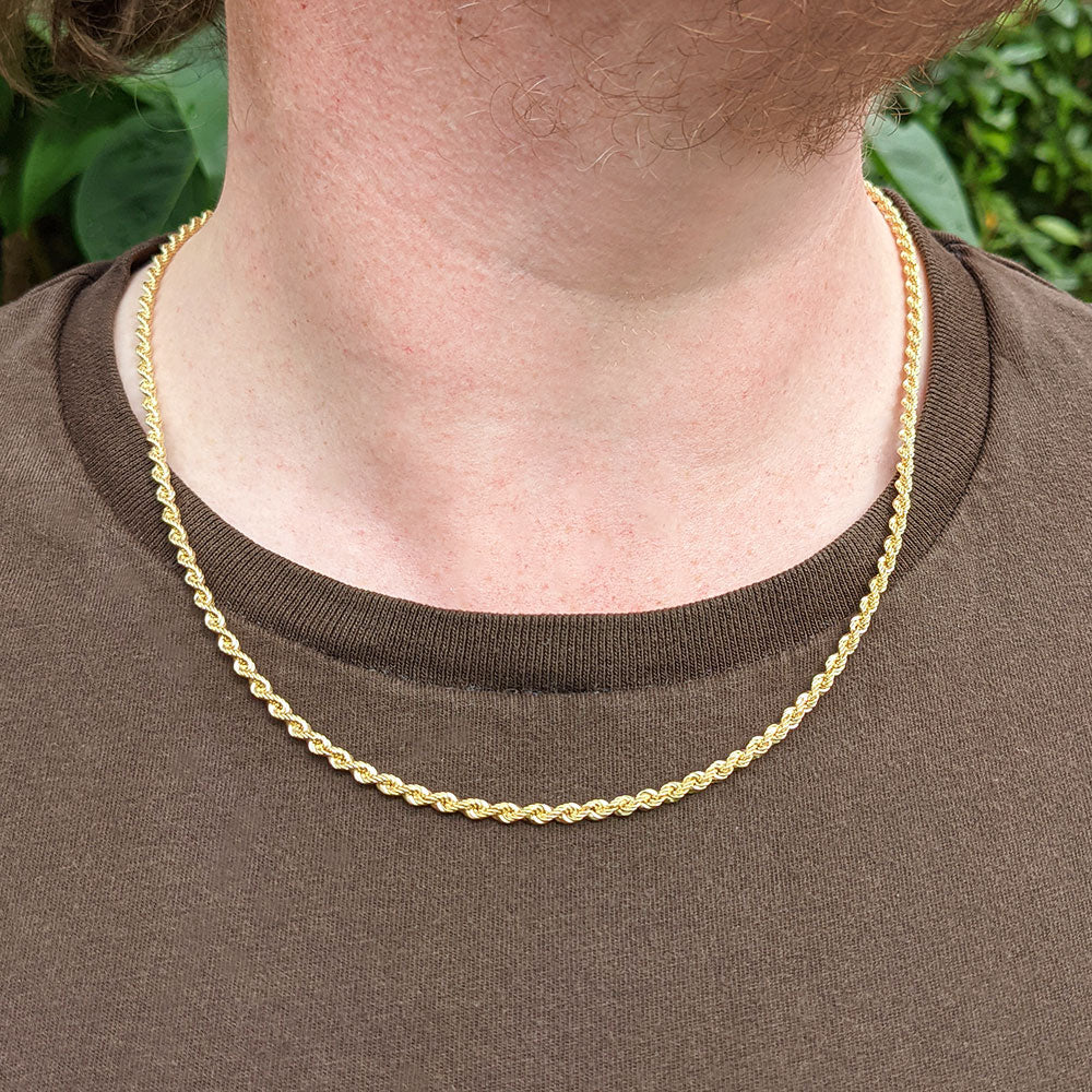 Stainless Steel Gold Plated 3mm Rope Chain Necklace - 16-24in Unisex Hip Hop Style