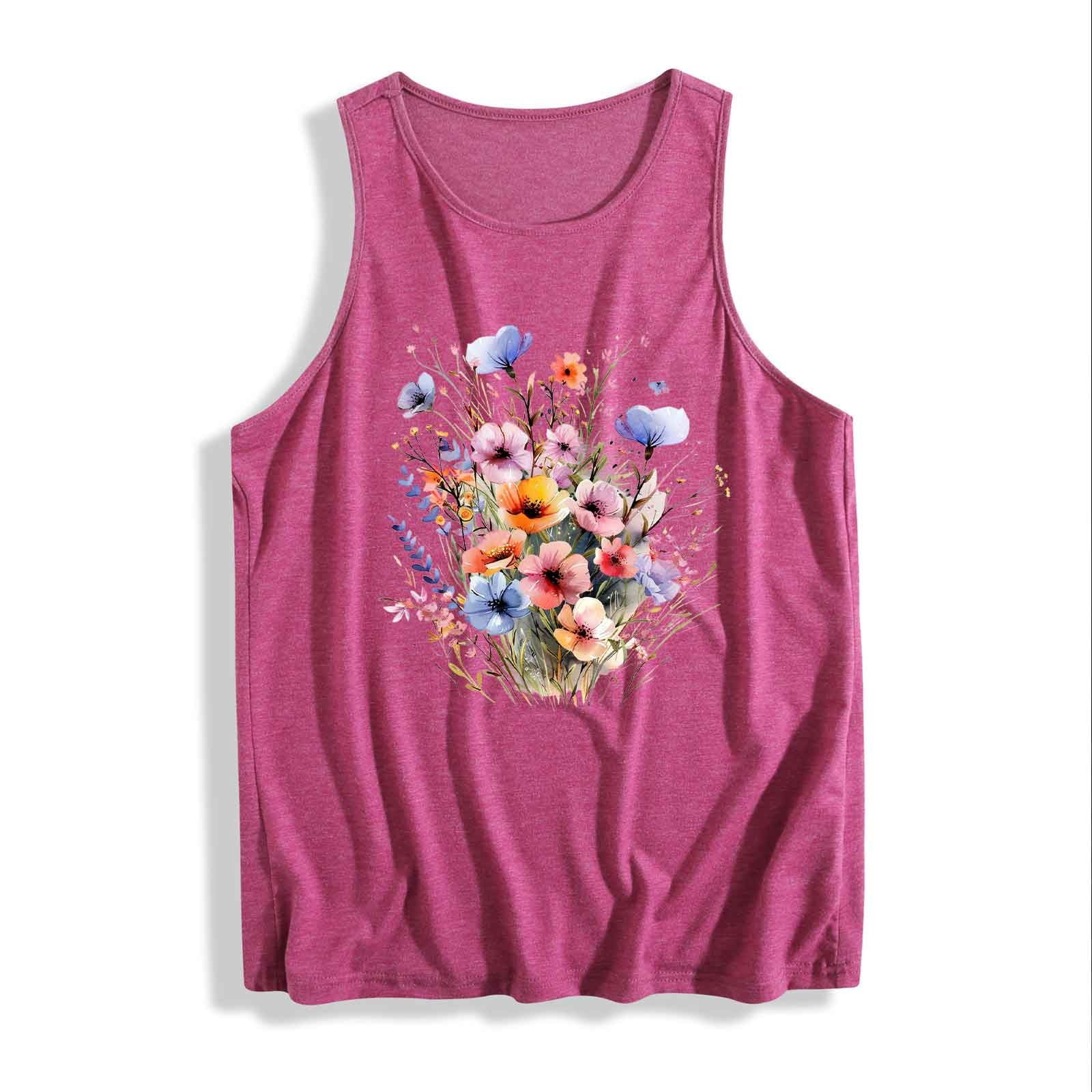 Deranex Women's Wildflower Floral V-Neck Tank Top - Loose Fit, Sleeveless, Summer Casual