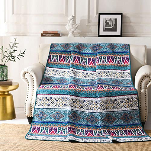 Blue Striped Design Coverlets Quilted Blanket Bohemian Exotic Style Patchwork Bed Cover Throw Quilt for Twin Bed