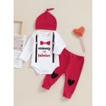 thumbnail image 2 of Suealasg Infant Baby Boy Valentine's Day Outfits Clothes 3M 6M 12M 18M Toddler Boy Long Sleeve Letter Bow Print Romper Long Pants Hat 3Piece Casual Spring Clothing for Newborn Boy, 2 of 8
