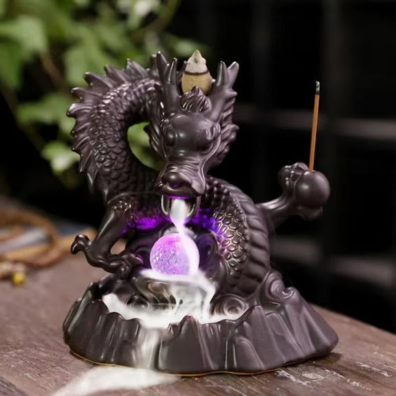 1pc Ceramic Dragon Waterfall Backflow Incense Burner with Lucky LED Crystal Ball, Incense Stick Holder (Without Incense)