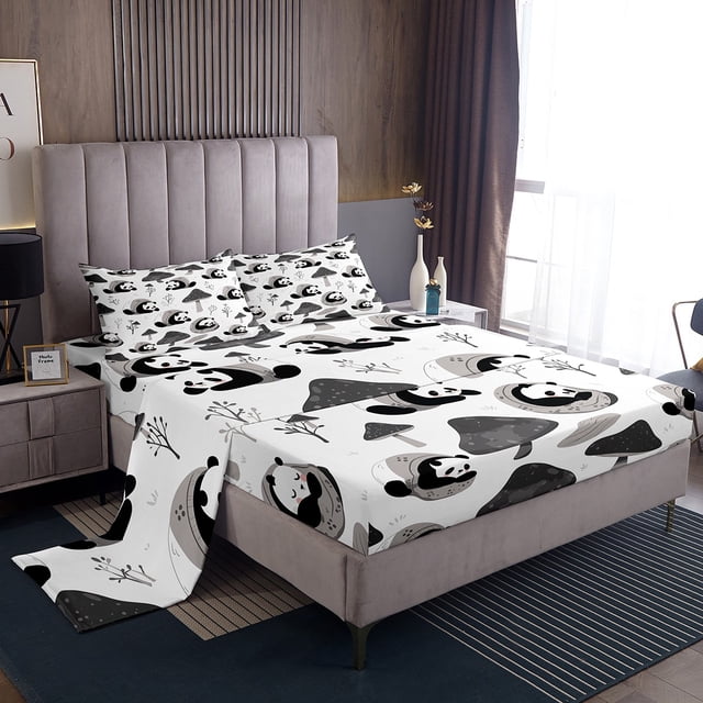 Erosebridal Ensemble de Draps Panda Mignon Simple, Ensembles de Literie Botanique Champignon Taille Simple, Noir Blanc Gris, Doux 3 Pcs