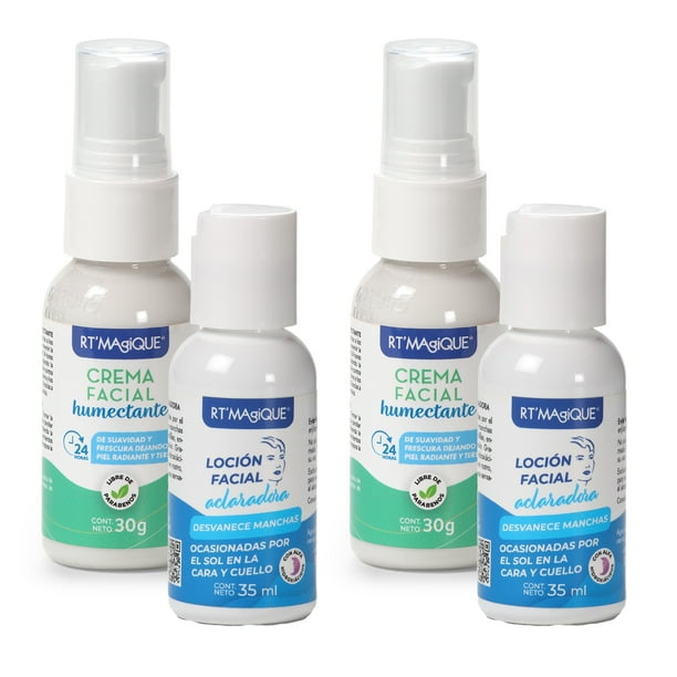 RT MAGIQUE | 2 Kits Cuidado Facial | 2 Cremas hidratantes faciales + 2 Lociones Aclarantes | Skincare Hidratante 24h y Tratamiento quita manchas para piel | Aclarador de piel con Ácido Láctico