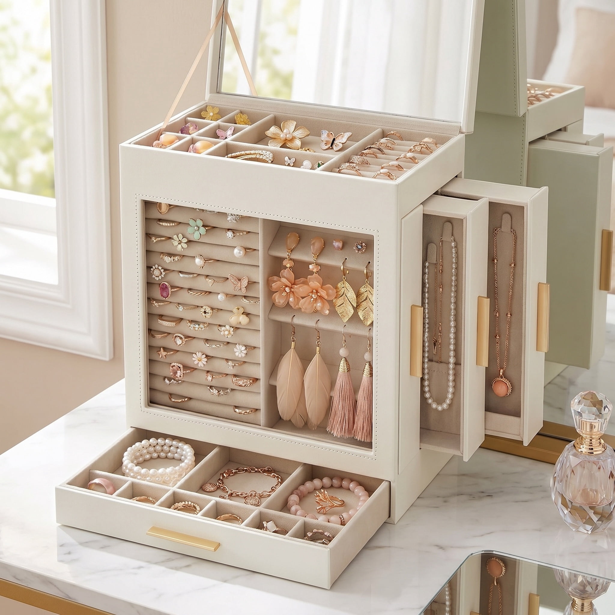 Nordic Hygge5-Layer Modern Jewelry Box with Glass Window & Side Drawers, Cloud White & Gold