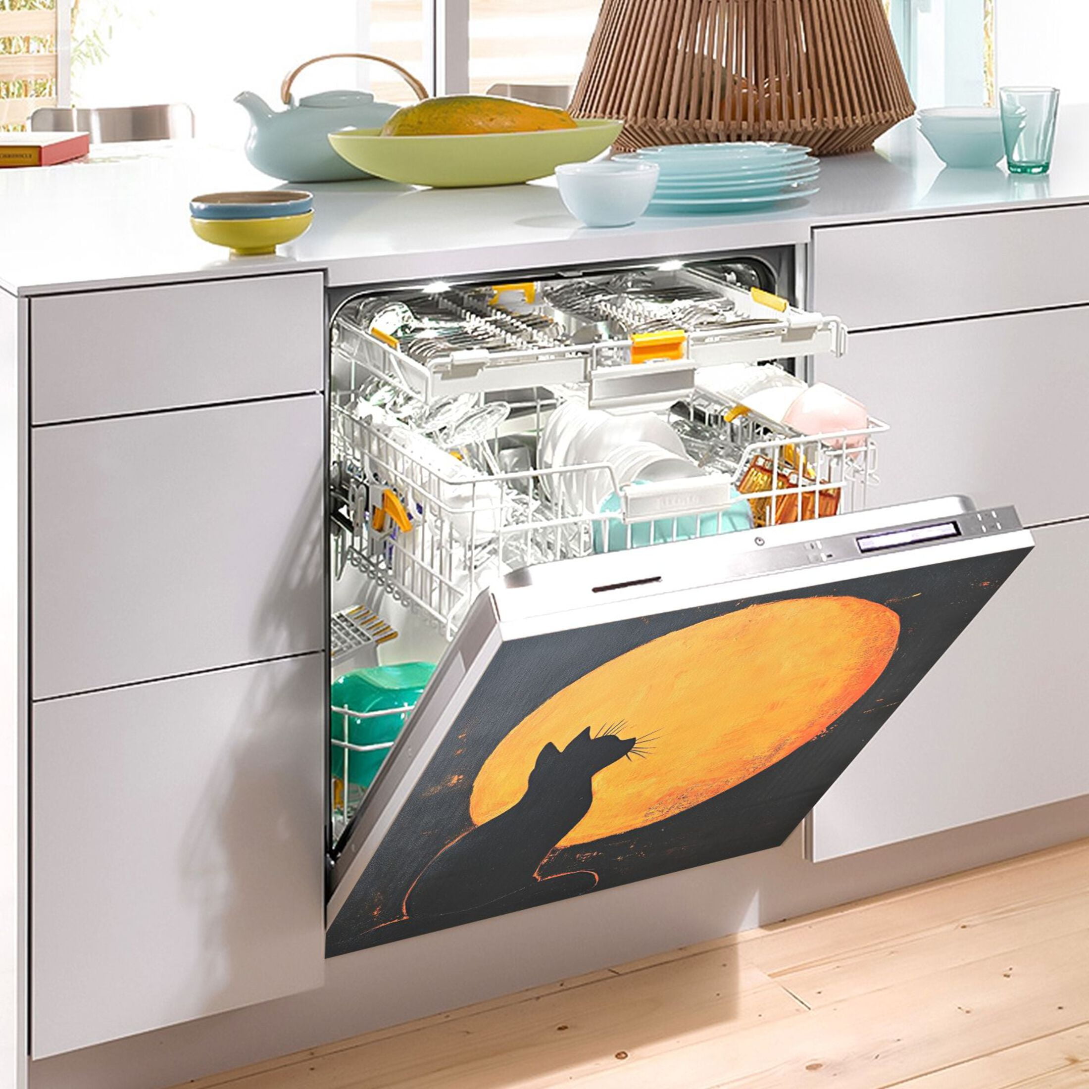 Dishwasher Magnetic Sticker 23x26 Inch Refrigerator Magnetic Sticker Washing Machine Magnetic Sticker Kitchen Panel Magnetic Sticker Home Decor Orange Moon Cat
