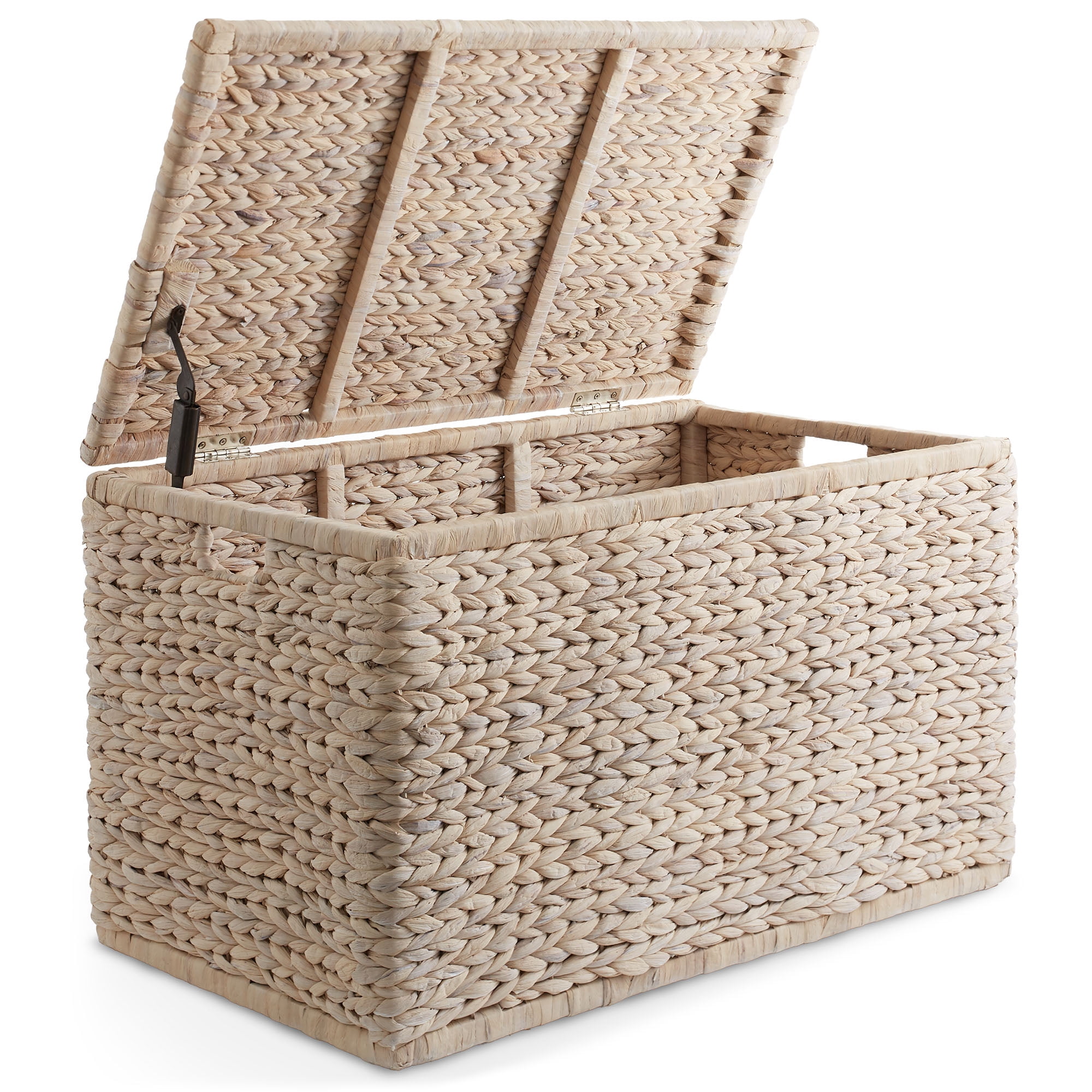 Casafield 30" Storage Chest with Lid, Handles, Safety Hinge - Whitewash White, Water Hyacinth Wicker Storage Trunk for Bedroom, Entry Way, Living Room