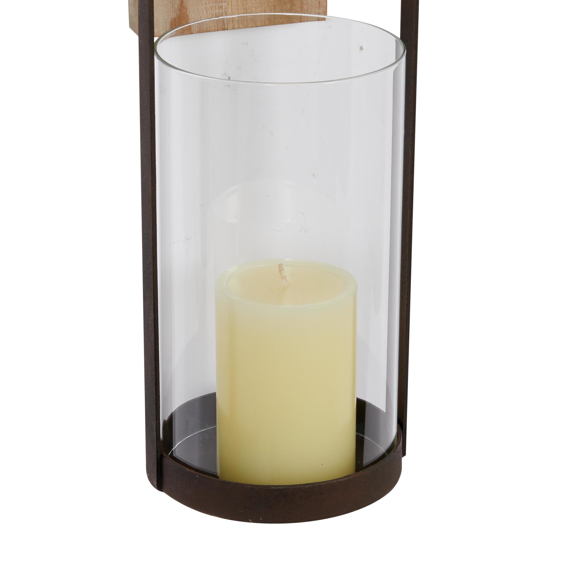 DecMode Brown Wood Abstract Wall Sconce with Suspended Black Metal and Glass Holder