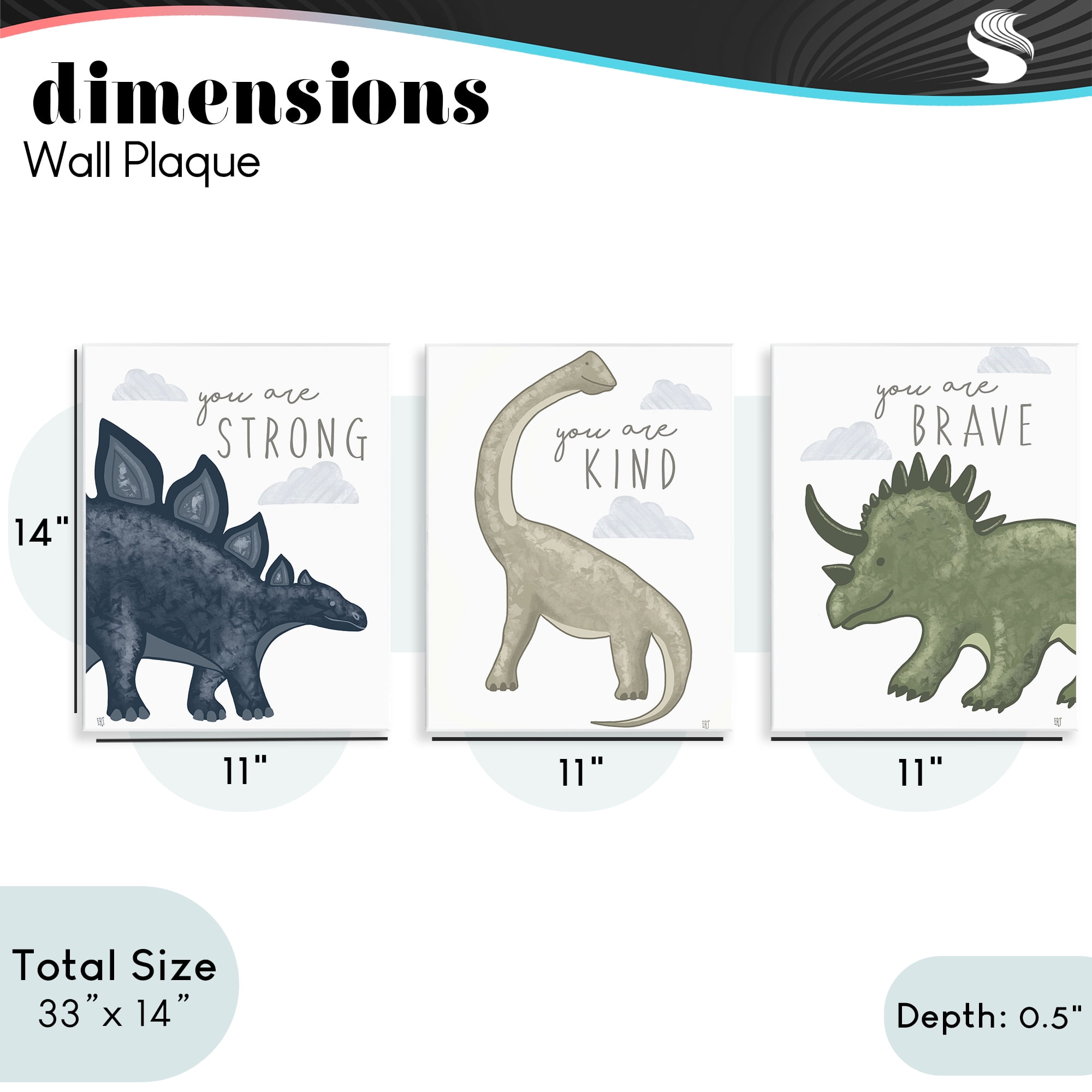 Stupell Industries Hopeful Encouraging Dinosaurs 3 Piece Wall Plaque Art Set, design by Elizabeth Tyndall