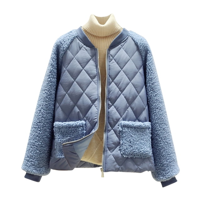 FAIWAD Women's Fleece Patchwork Coat Long Sleeve Padded Pockets Coat Winter Warm Zip Jacket