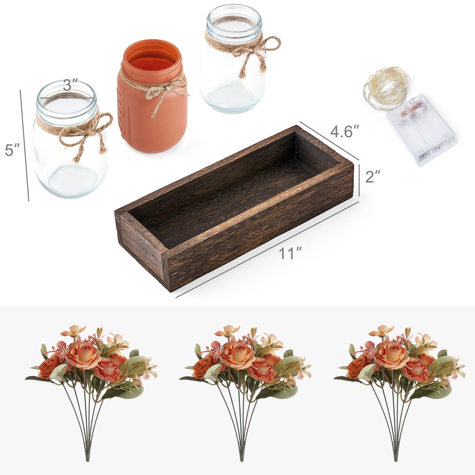 Mkono Mason Jar Lights Centerpiece Table Decorations with 3 Jars Flowers Centerpieces Decor, Orange