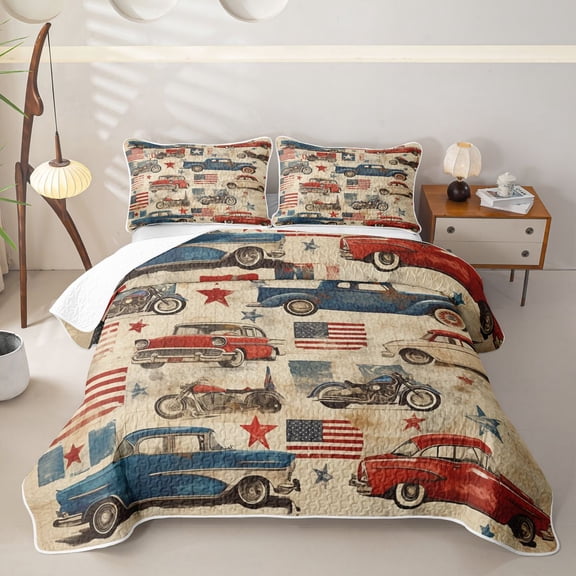 Erosebridal Retro American Vehicle Twin Quilt Set for Boys, Vintage Flag Car Motorcycle Twin Coverlet Set, 2-Piece