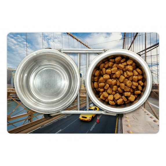 New York Taxi Pet Mat for Food and Water, Image of Checker Cab Passing Through Brooklyn Bridge in NY City Art Print, Non-Slip Rubber Mat for Dogs and Cats, 18" X 12", by Ambesonne