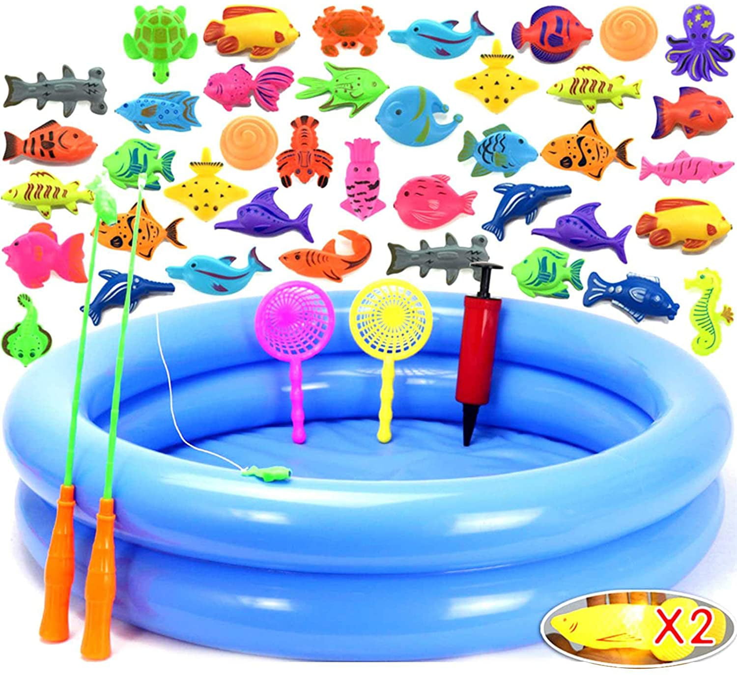 AKDSteel 50pcs Waterproof Magnetic Floating Fish Toys Fun Fishing Game Playset with Inflatable Pool Baby Learning & Education Bath Toys Fishing Basket Child Gift 