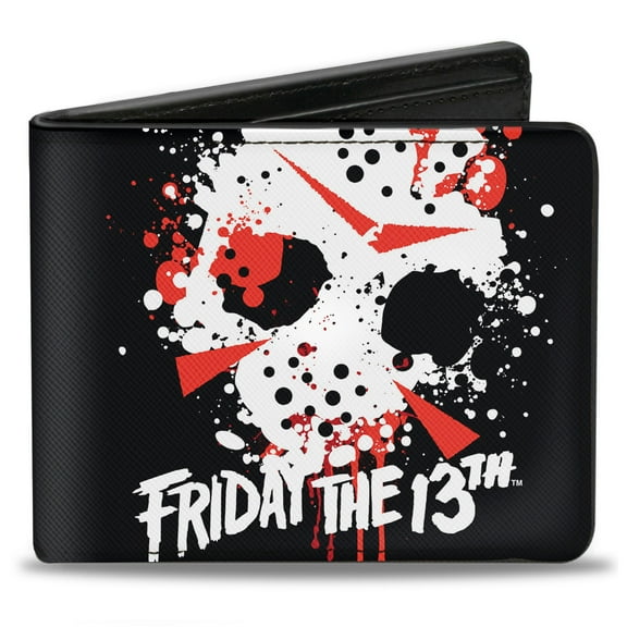 Warner Bros. Horror Movies Wallet, Bifold, Friday the 13th Jason Mask Splatter Black White Red, Vegan Leather
