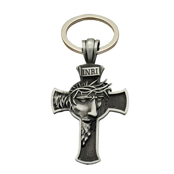 Jesus Cross Keychain Pendant Head Wearing Crown Thorns Retro Religious Gift Men & Women Pray Peace & No Disease