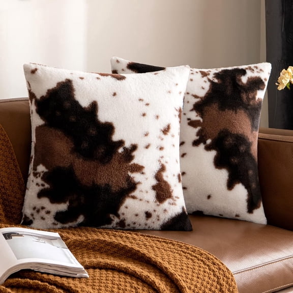 Pack of 2 Luxury Faux Fur Throw Pillow Covers Cowhide Decorative Soft Fluffy Plush Couch Throws Brindle Cushion Covers for Couch Living Room Sofa Bedroom 18x18 Inch