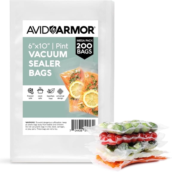 Avid Armor 6"x10" Food Saver Vacuum Sealer Bags, 200 Count, BPA Free Pint Size Vacuum Seal Bags