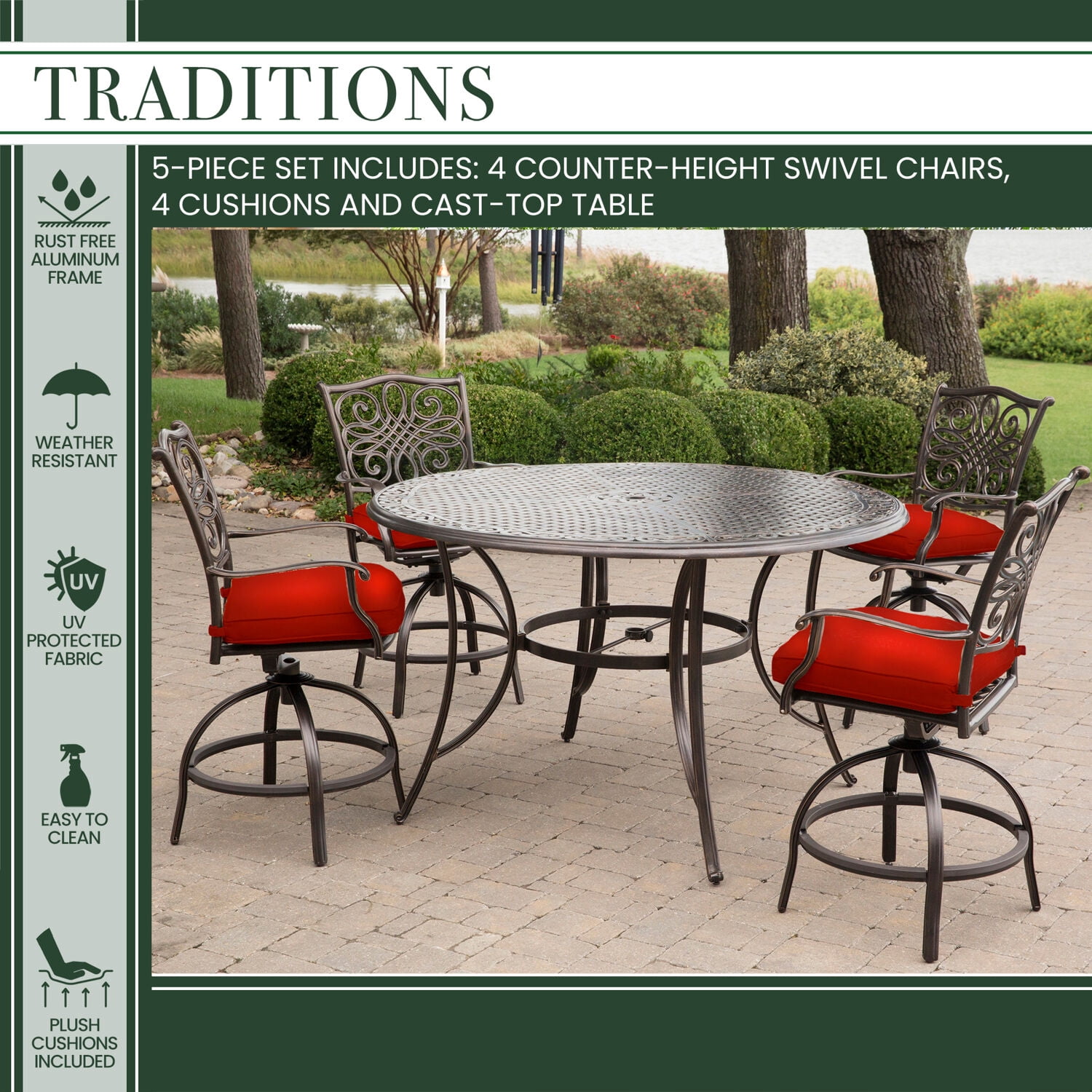 Hanover Traditions 5-Piece High-Dining Set in Red with Four Swivel Chairs and a 60 In. Cast-top Table