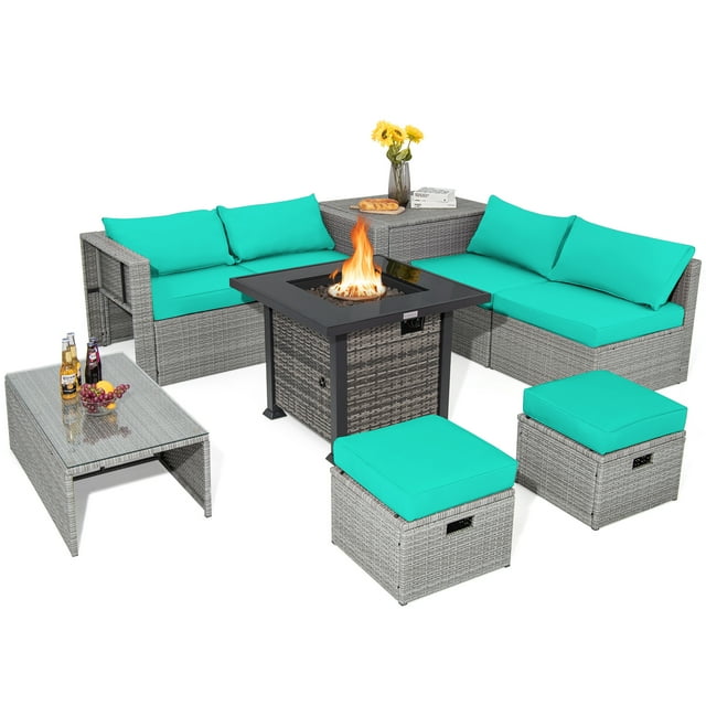 Patiojoy 9 Pieces Outdoor Patio Furniture Set with 32-Inch Propane Fire Pit Table Outdoor PE Wicker Space-Saving Sectional Sofa Set with Storage Box and Cushions Turquoise