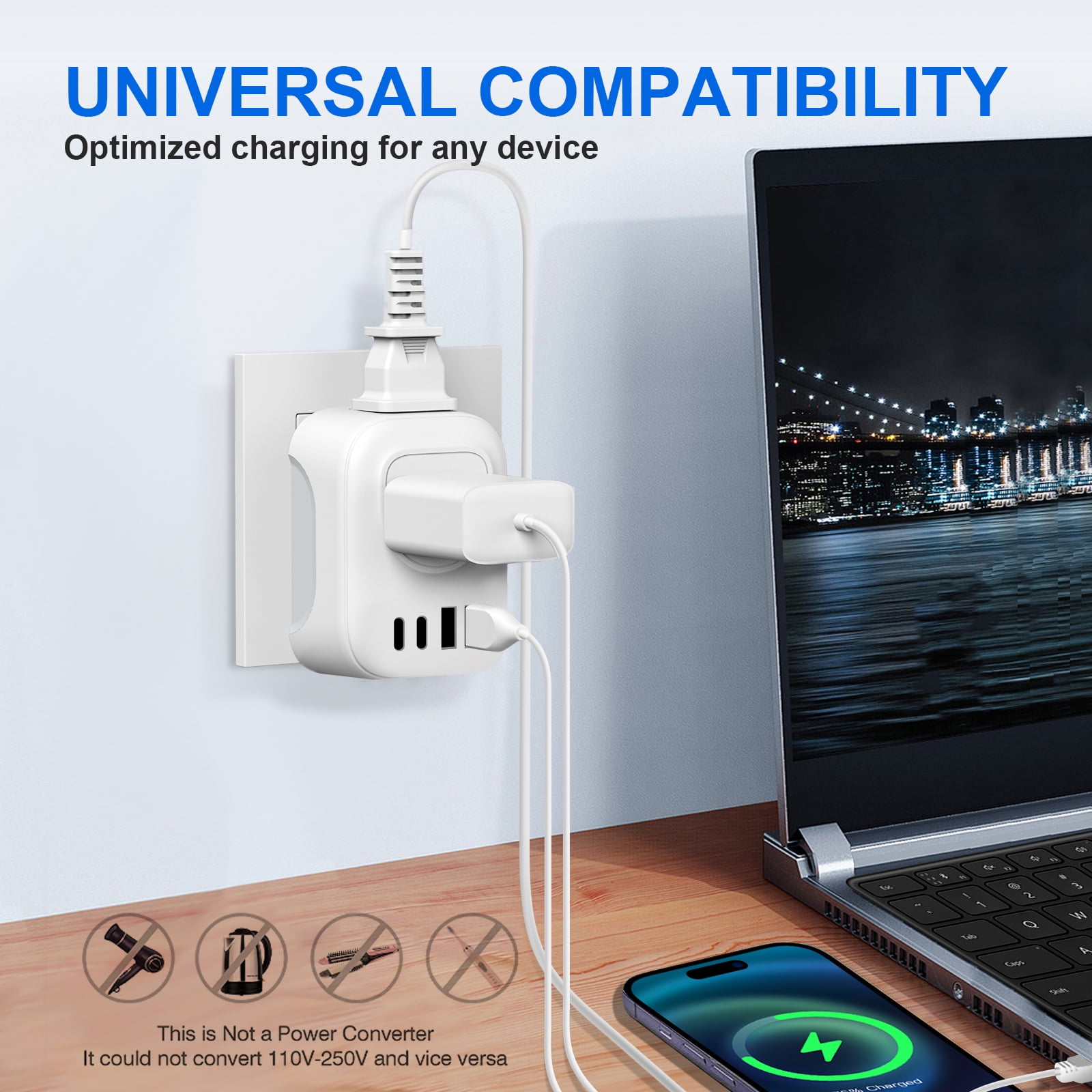 Meromore European Travel Power Adapter with 2 AC Outlets, 4 USB Ports (2 USB C), Ideal for US to Mos(图2)