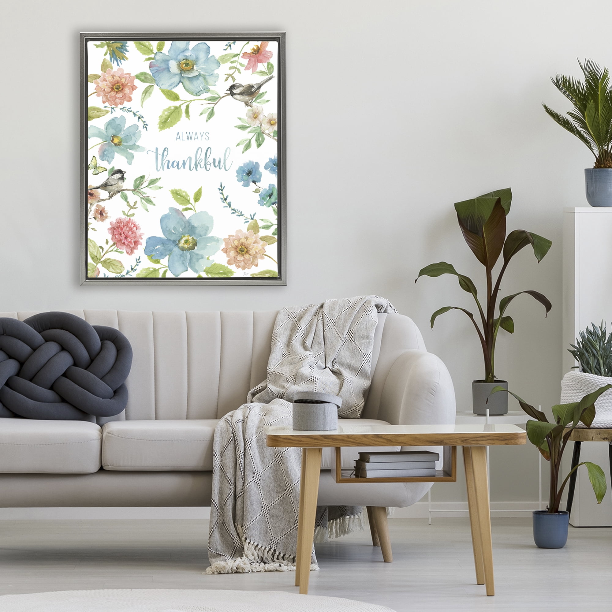 Stupell Industries Always Thankful Pink & Blue Gray Framed Floater Canvas Wall Art, design by Nan