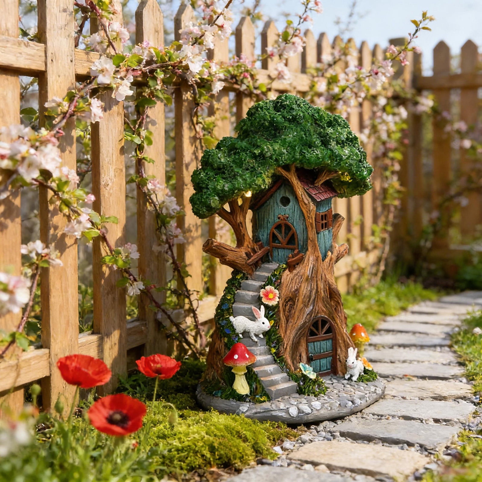 Ke1Clo Solar Tree House Garden Statue, Whimsical LED Outdoor Decor Garden Ornament, Resin Yard Art Sculpture for Patio Lawn Landscaping