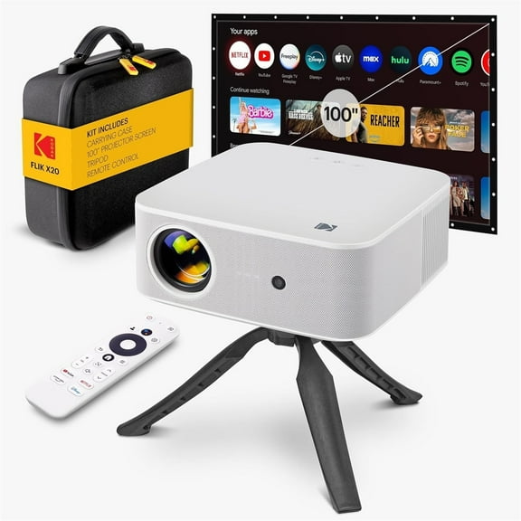 Kodak FLIK X20 Full HD Smart Projector Kit with 100" Screen, Tripod, Remote, Wi-Fi, EVA Case (White)