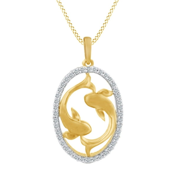 AFFY 0.28 Cttw Natural Diamond Oval Fish Pendant Necklace 14k Yellow Gold
