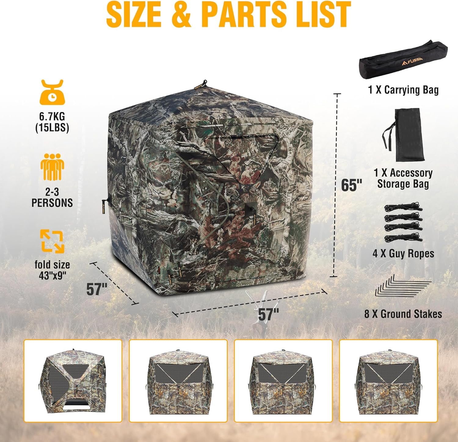 FLISSA Hunting Blind See-Through with Full-Opening Door, Ground Camouflage Tent, 270 Degree, Portable and Durable 300D Reinforced Blind for Turkey, Deer, and Bear Hunting