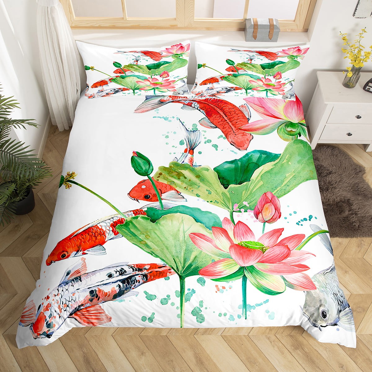 Koi Fish Duvet Cover Twin Red Carp Fishing Bedding Set, Pink Lotus