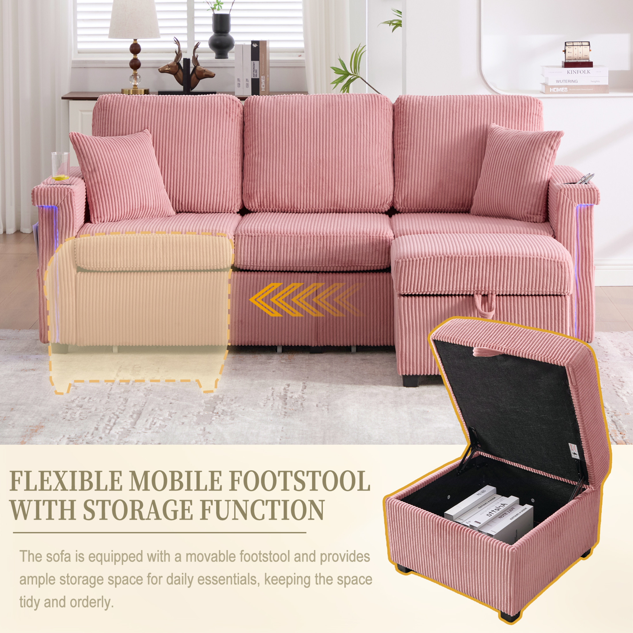 Noble House Elena 4-Seater L-Shaped Corduroy Sectional Sofa with Pull-Out Storage, Ottoman for Living Room, Pink