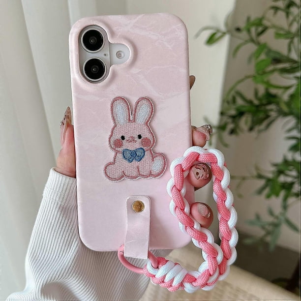 For iPhone 16 Case Cute Pattern Soft PU PC Phone Back Cover with Braided Handy Strap - Sky Blue Dog
