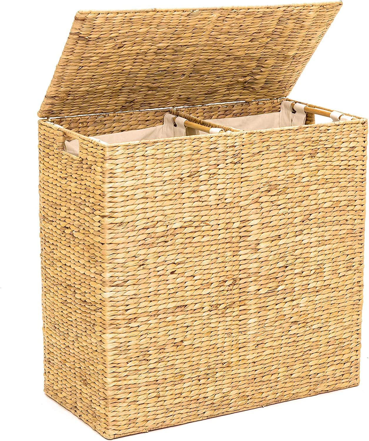 Rustic Extra Large Natural Woven Water Hyacinth Double Laundry Hamper Storage Basket w/ 2