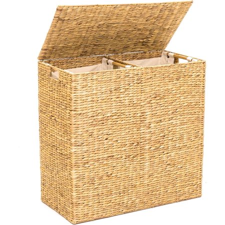 Woven Water Hyacinth Double Laundry Hamper Storage Basket w/ 2 Removable Machine Washable Cotton Liner Bags, Divided Interior, Lid, Handles, Natural