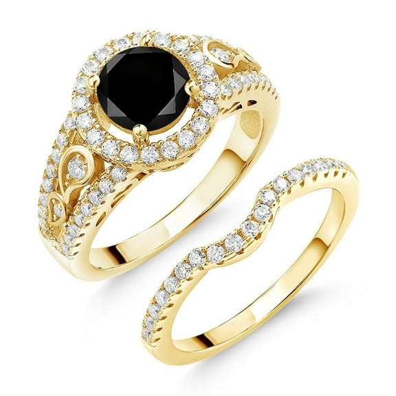 Gem Stone King 18K Yellow Gold Plated Silver Women Wedding Engagement Ring Band Bridal Set Round Diamond Moissanite (1.84 Cttw) (Size 6)