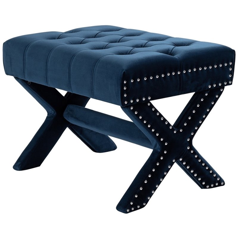 Brika Home Velvet Tufted XLegs Ottoman in Navy Blue and Silver