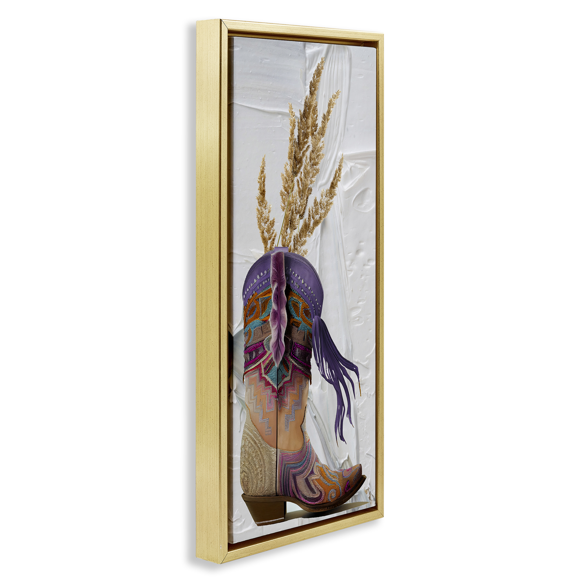 Stupell Industries Cowboy Boot & Wheat Botanical & Floral Painting Gold Floater Framed Canvas Art Print Wall Art, 15 x 31