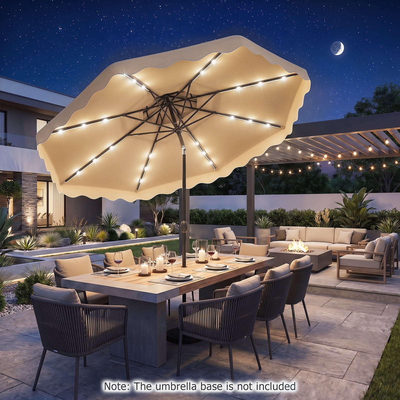 Costway 10 FT Solar LED Patio Umbrella, Push-Button Tilt & Crank, 24 LED Lights & 8 Ribs Beige