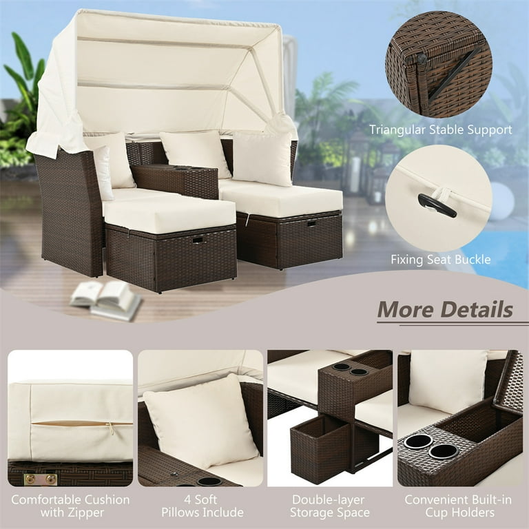 Outdoor Convertible Patio Daybed Sofa with Foldable Awning Outdoor Convertible Patio Daybed Sofa with Foldable Awning