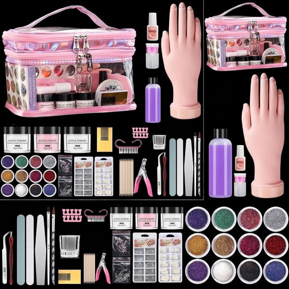 Nail Kit for Beginners with Everything: Professional Nail Acrylic Powder Liquid Set with Practice Hand Drill U V Light in Cosmetic Bag for Women Salon Home (Pink)