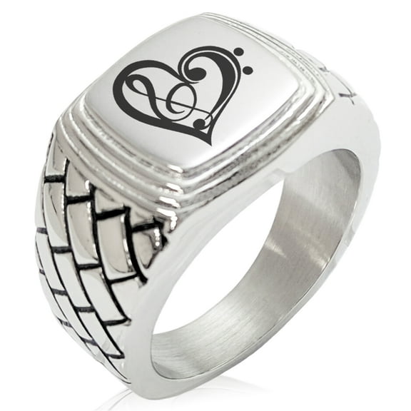 Stainless Steel Treble Bass Clef Heart Geometric Pattern Step-Down Biker Style Polished Ring